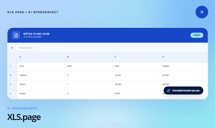 XLS.page AI Spreadsheet arayüzü